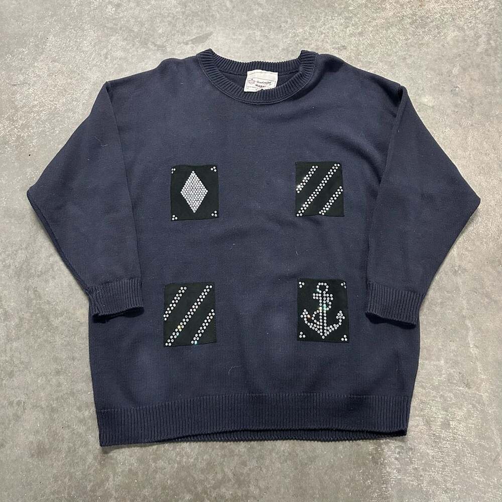 Vintage 1991 Big City Knits Rhinestone Nautical Anchor Sweater Made USA L